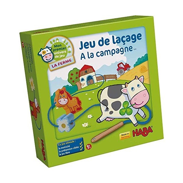 HABA 5895 - Mon premier univers de jeu - La ferme - Jeu denfilage HABA à la ferme avec 10 figurines de laçage en bois et 4 m