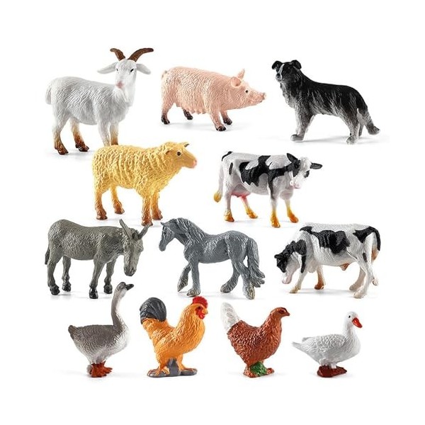 Lot de 12 modèles pour animaux de ferme - Mini figurines danimaux de la ferme - Figurines danimaux - Safari - Animaux de la