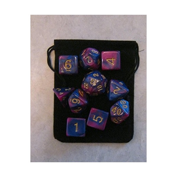 Cosmic Purple / Blue RPG D&D Dice Set: 7 + 3d6 - 10 polyhedral die plus bag!