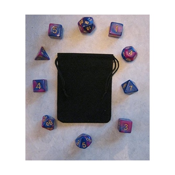 Cosmic Purple / Blue RPG D&D Dice Set: 7 + 3d6 - 10 polyhedral die plus bag!