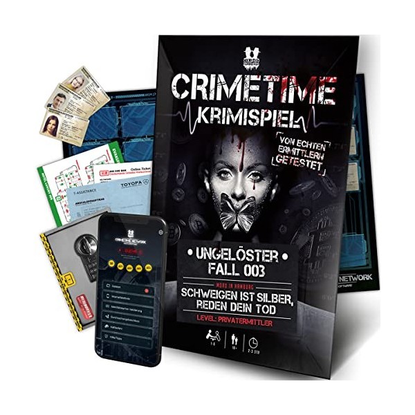 CRIMETIME Jeu de crime – Fall 003 – Discours est argent, silence votre mort, jeu Escape Room – Tatort – Jeu denquête