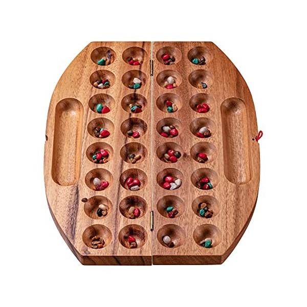 Zederello Hus Bao 35cm Mancala Jeu de stratégie Pliable en Bois Kalaha de Haute qualité avec Plateau et Pierres