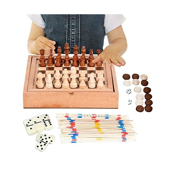 Maseyivi Jeux société en Bois, Collection Jeux société Portables 5 en 1 pour Plus 5 Ans, Jeu stratégie société Classique pour