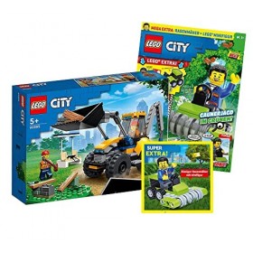 Lego City Set : Chargeuse sur pneus, jouet pelleteuse 60385 + magazine Lego City n° 51 avec super : tondeuse à gazon + figu