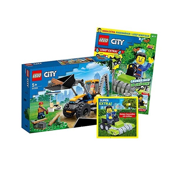Lego City Set : Chargeuse sur pneus, jouet pelleteuse 60385 + magazine Lego City n° 51 avec super : tondeuse à gazon + figu