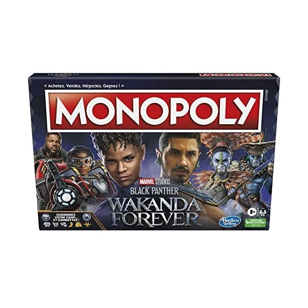 Jeu de Plateau Monopoly Édition Black Panther: Wakanda Forever, Jeu Familial pour Enfants à Partir de 8 Ans, 2 à 6 Joueurs