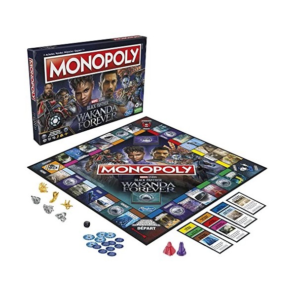 Jeu de Plateau Monopoly Édition Black Panther: Wakanda Forever, Jeu Familial pour Enfants à Partir de 8 Ans, 2 à 6 Joueurs