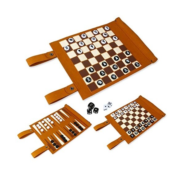 Andux Rollable Backgammon Board Game Jeu dÉchecs Portable en Microfibre PGSLQ-01 Marron 