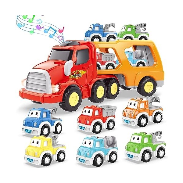 seveclotree Jouet de Camion pour Enfant 2 Ans,7 en 1 Camion Jouet avec Sons et Lumières,Transporteur Voiture Jouet pour Enfan