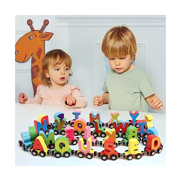 KABENFIS 27 pièces en Bois Alphabet Train Set Comprend 1 Moteur en Bois magnétique Train Voiture Jouet