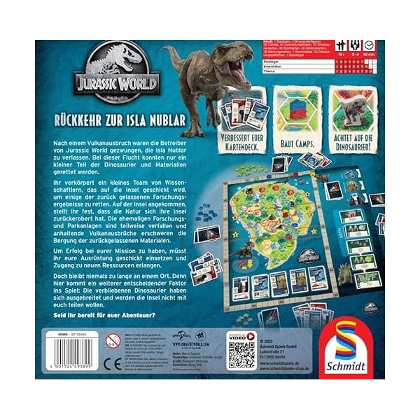 Schmidt Spiele 49389 Jurassic World, Retour à Isla Nubar, Deckbuilding et Jeu de société, Multicolore