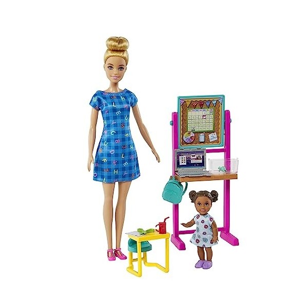 Barbie Coffret Poupée Maîtresse D’école Avec Poupée Enfant, Tableau Chevalet, Ordinateur Portable, Sac À Dos, Bureau D’écolie