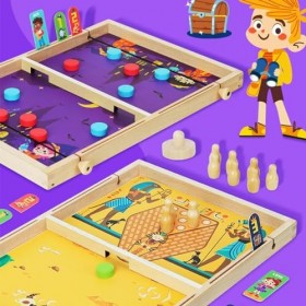 Jeu de hockey avec fronde en bois - Jeu de rondelle en bois,Jeu de société de Hockey, plateau de jeu de fronde, jeu de rondel