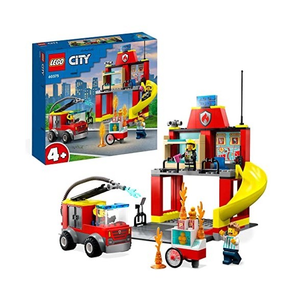 LEGO 60375 City La Caserne et Le Camion des Pompiers, Jouet avec Véhicule d’Urgence, Jouet Éducatif, pour Enfants Dès 4 Ans, 