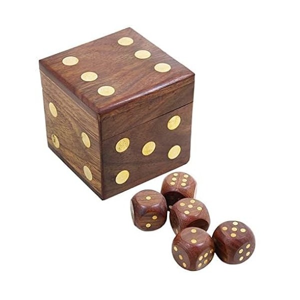 Lot de 5 dés en bois Casino Ludo Snake Ladder Game complets faits à la main vintage 20 mm avec boîte de rangement en bois/mar