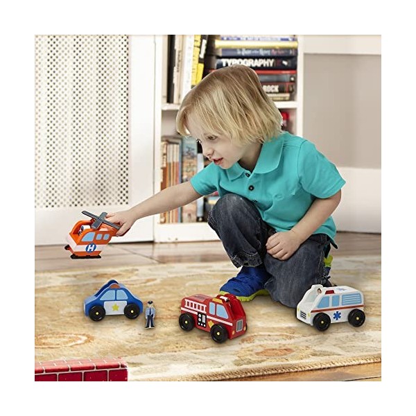 Melissa & Doug Wooden Emergency Vehicle Set , Wooden Vehicles, Cars & Trains , 2+ , Gift for Boy or Girl