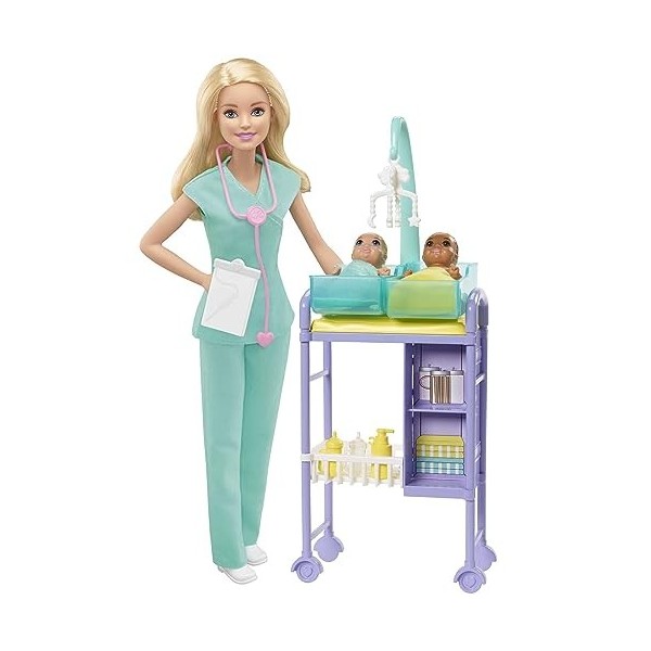 Barbie Métiers coffret poupée Pédiatre blonde avec cabinet médical, deux bébés et accessoires, jouet pour enfant, GKH23