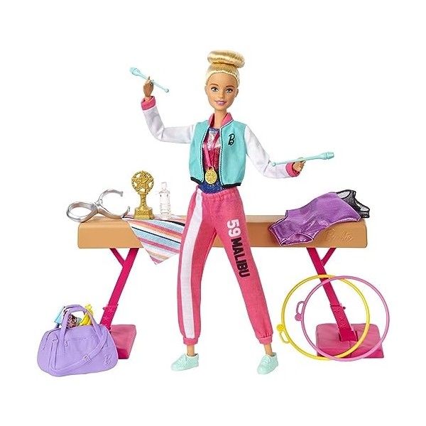 Barbie Métiers coffret poupée Gymnaste blonde en justaucorps avec poutre et accessoires, jouet pour enfant, GJM72