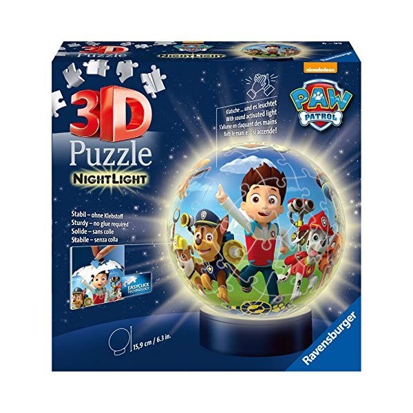 Ravensburger - Puzzle 3D Ball illuminé - PatPatrouille - A partir de 6 ans - 72 pièces numérotées à assembler sans colle - S