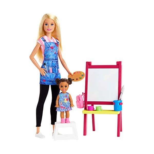 Barbie Métiers coffret poupée Professeure dArt blonde avec une figurine denfant, toile et accessoires, jouet pour enfant, G