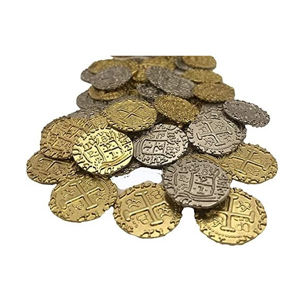 Lot de 50 Grandes pièces de Monnaie de Pirate en métal argenté et doré - Réplique des doubloons espagnols pour Jeux de sociét