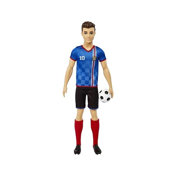 Barbie Poupée Ken Footballeur avec Queue de Cheval Blonde, Maillot n° 10, Balle de Foot, Chaussures à Crampons et Chaussettes