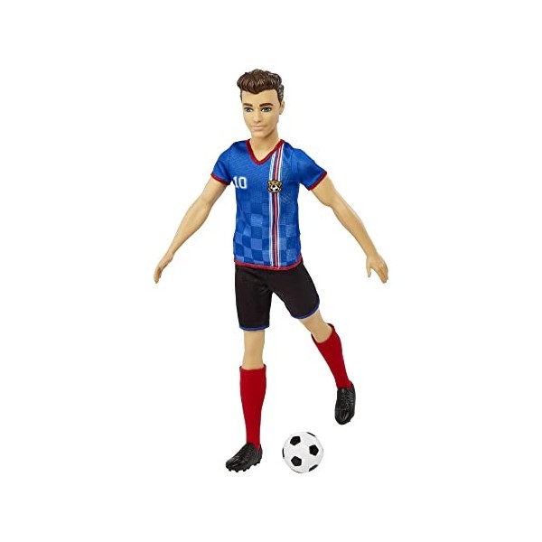 Barbie Poupée Ken Footballeur avec Queue de Cheval Blonde, Maillot n° 10, Balle de Foot, Chaussures à Crampons et Chaussettes