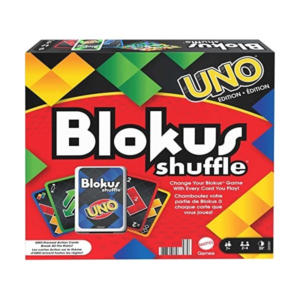 Mattel Game Blokus Shuffle édition UNO, jeu de société et de stratégie avec pièces et cartes, GXV91