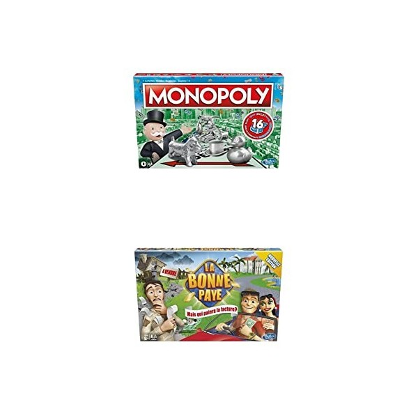 Lot de 2 Jeux Hasbro Gaming : Monopoly Classique et la Bonne Paye, Jeux de société, à partir de 8 Ans, de 2 à 6 Joueurs, Vers