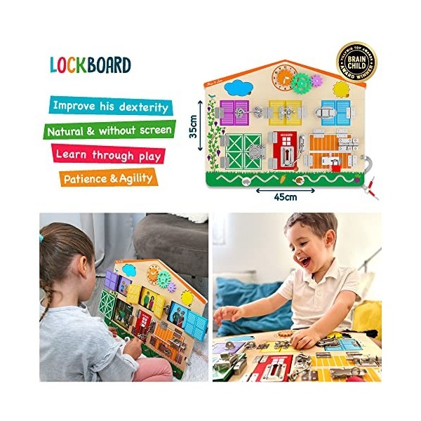 Max & Lea - LOCKBOARD - Planche dactivité pour améliorer la motricité fine - BusyBoard en bois pour enfants de 2 à 6 ans