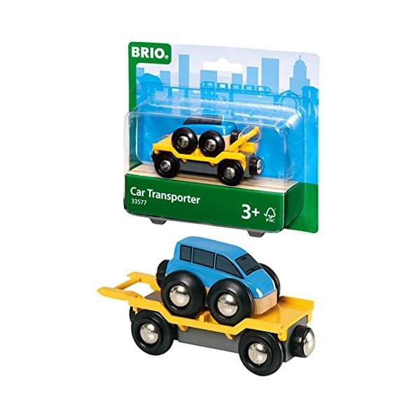 Brio World - 33577 - Wagon Transport de Voiture Avec Rampe - Accessoire pour circuit de train en bois - Système dattache aim