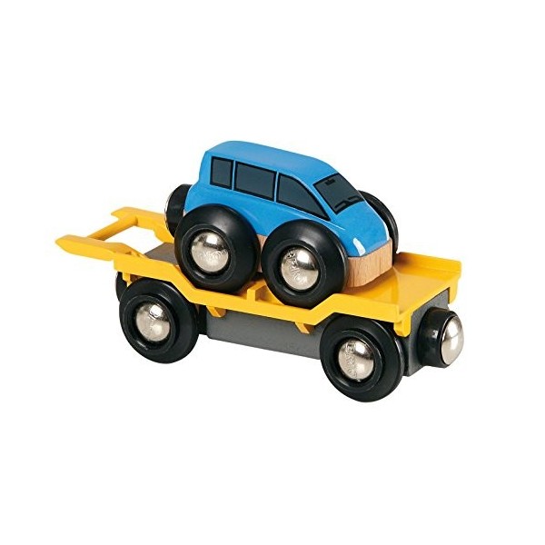 Brio World - 33577 - Wagon Transport de Voiture Avec Rampe - Accessoire pour circuit de train en bois - Système dattache aim