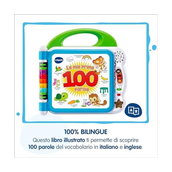 VTech Mon Premier Livre Illustré - Mes Premiers 100 Mots, Livre bilingue pour Enfants, Livre sensoriel en Italien et en Angla