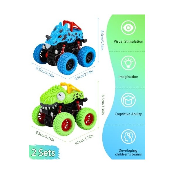 TIDEVAN Lot de 2 Jouets Monster Truck Voitures à Friction Dinosaure Jouet Voiture Ensembles de Véhicules à Inertie avec Resso