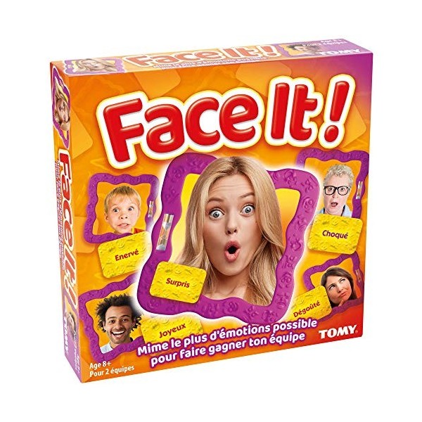 TOMY- Face it Familial, Éducatif à partir de 2 Joueurs Mime pour Enfant, Société par Équipe, Jeu de Rapidité, Adolescents et 