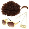 GLAITC Ensemble de Costume Hippie,Perruque Afro Funky des Années 50, 60 et 70,Lunettes de Soleil,Collier Disco,Moustache Rétr