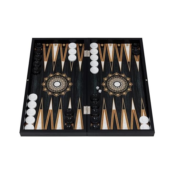 HBS GAMES Midnight Pearl Design Backgammon Stratégie Jeu de société Jeu de dés 48 cm en bois avec pions acryliques amis et ad