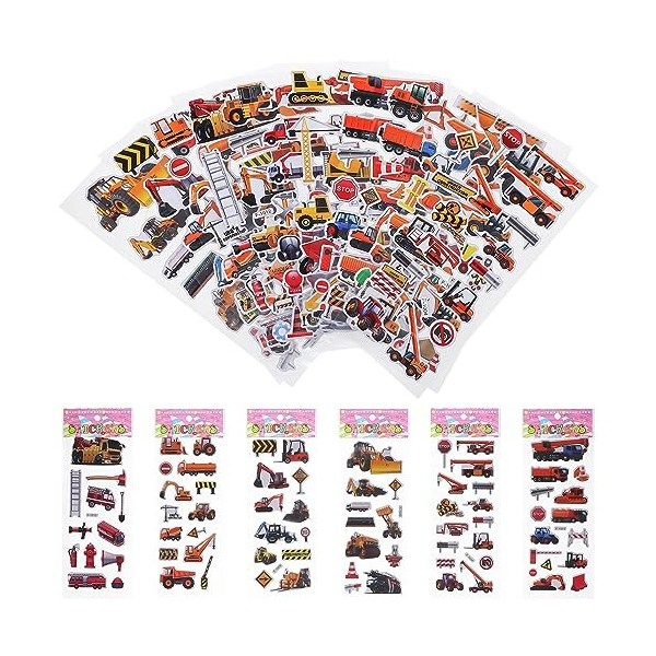 Gadpiparty Lot de 12 feuilles dautocollants 3D pour enfants, enfants, pelleteuses, camion, voiture, camion de pompier, camio