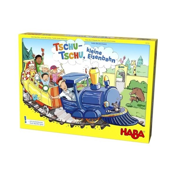 HABA- 303736-Tschu-tschu, Kleine Brettspiel mit großem Puzzle-Spielplan, Würfel, Eisenbahn, 24 Fahrgast-Plättchen, 3 Weichen 