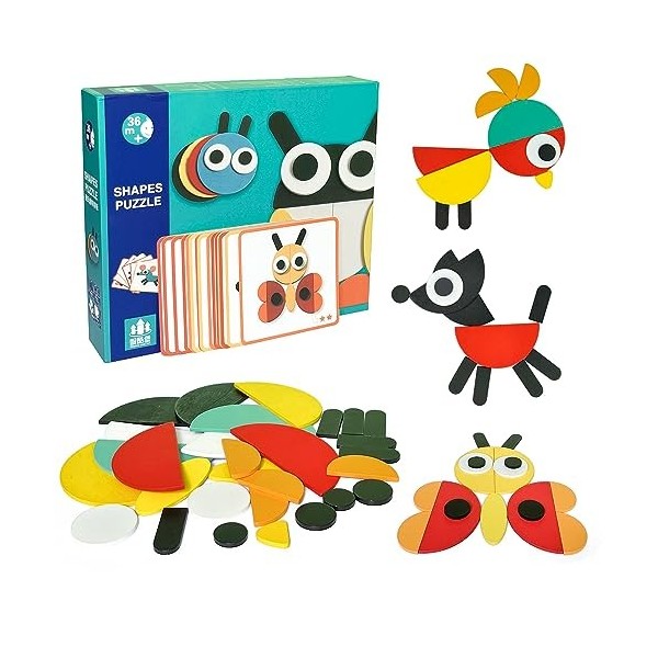 Puzzles en Bois, Montessori Jeux Enfant Formes géométriques Animal Puzzle éDucatif Jouet Forme et Couleur Blocs, IQ Puzzler E