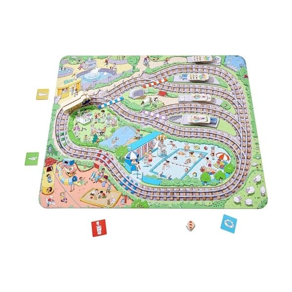 HABA- 303736-Tschu-tschu, Kleine Brettspiel mit großem Puzzle-Spielplan, Würfel, Eisenbahn, 24 Fahrgast-Plättchen, 3 Weichen 