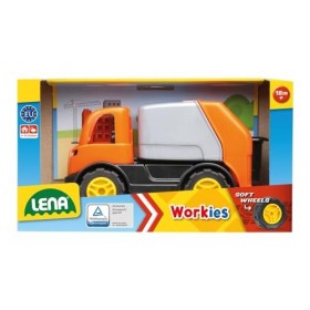 Lena 1264 Workies Camion poubelle 14 cm, véhicule jouet en plastique ABS, voiture à ordures avec compartiment de chargement b