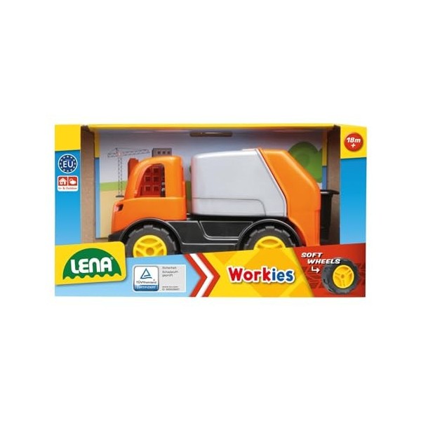 Lena 1264 Workies Camion poubelle 14 cm, véhicule jouet en plastique ABS, voiture à ordures avec compartiment de chargement b