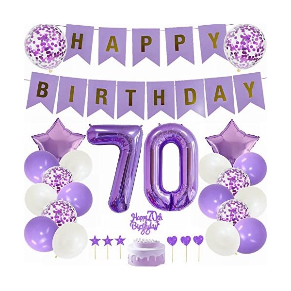 Yunchu Online Décoration de gâteau danniversaire 70 ans pour homme et femme - Violet et blanc - Décoration de fête danniver