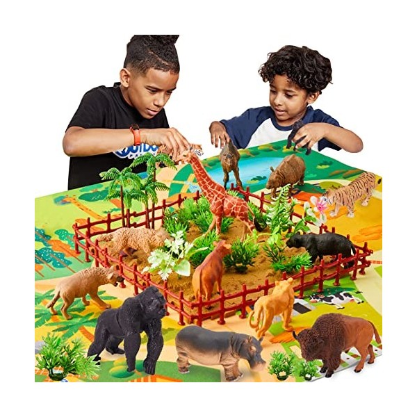 BUYGER 58 Pièces Figurine Animaux de la Jungle Jouet avec Tapis de Jeu, Grande Taille de Animaux Sauvages Cadeau Educatif pou