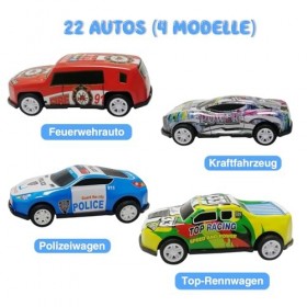 TOYABI Lot de 22 Voitures à Friction et 8 Barrières de Route - Idéal pour Les Fêtes danniversaire, Voiture Enfant avec Voitu