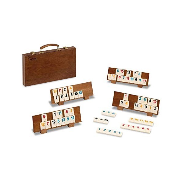 Rummy de Luxe en Bois malette + 104 pions en bakélite + 4 Supports Bois