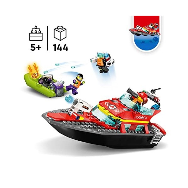 LEGO 60373 City Le Bateau de Sauvetage des Pompiers, Set Flottant, avec Jetpack et 3 Minifigurines, Jouet pour Garçons et Fil