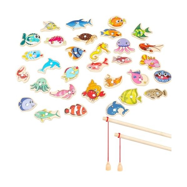 ONEST Jeu de pêche magnétique de 34 pièces pour enfants - Jeu de pêche magnétique en bois - Jouets de pêche magnétiques pour 