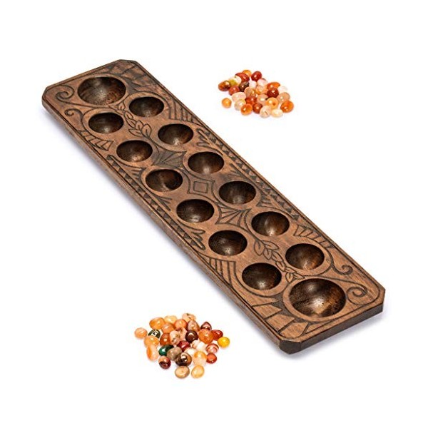 Ensemble Mancala avec Planche en Bois Massif de 44 centimètres et pièces de Jeu en Galets de Quartz - Fabriqué par Yellow Mou